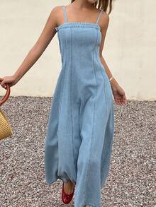 DAZY Đầm denim hai dây mùa hè dành cho nữ, kiểu dáng nghỉ mát. - Rửa trung bình - Xem 6