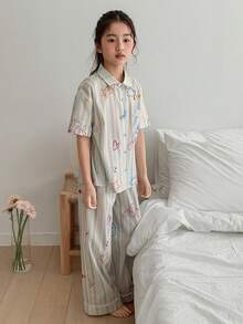 Dazy Kids Tween Girl Striped Short Sleeve Button-Up Top And Pants Pajama Set - Multicolor - View 4