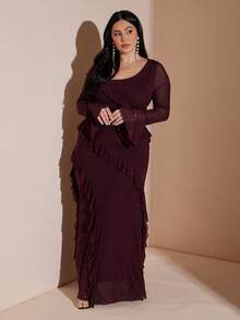 SHEIN BAE Burgundy Plus Size Long Sleeve Dress,Autumn Elegant Formal Sweet Ruffle Mesh Birthday Outfit, Fitted Wedding Party Holiday Vacation Dress - Coffee Brown - View 3
