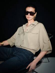 Lumivelle Women's Elegant Commuter Textured Mid-Sleeve Shirt, Summer - Khaki - View 5