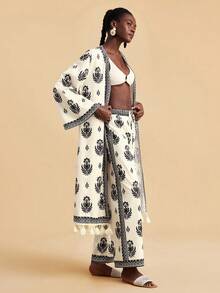 Travachic Women's Beach Vacation Floral Print Drawstring Waist Loose Wide Leg Cover Up & Pants Set - Multicolor - View 4