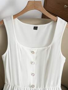 GlowEve Women's Sleeveless Square Neck Knit Elastic Metal Buckle Flared A-Line Cinched Waist Long Dress, White, Fashionable & Elegant, Summer - White - View 6