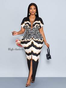 SOLERSUN Plus Size New Spring And Summer Retro Irregular Geometric Wave Print High Elastic Fabric Deep V Neck Small Cap Sleeves Batwing Sleeves Pleated Drape Design Slit Waist Tight Hip Mid-Length Dress Suitable For Wedding Season Guest Clothing Elegant Dinner Date Party Valentine's Day Music Festival Carnival Graduation Party Sexy Holiday Fashion Women's Wear - Black - View 2