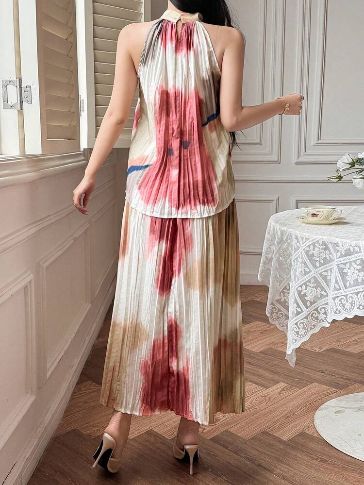 Elegant Textured Ink Tie Dye Sleeveless Top And Long Skirt 2-Piece Set For Women, Spring/Summer