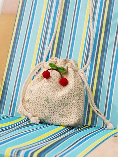 Swim Mod 夏季草编斜挎包抽绳水桶包花卉印花小樱桃点缀森系风格单肩包，节日必备品，非常适合旅行、度假、度假和海滩，沙滩钱包，非常适合夏季、度假和日常使用