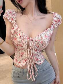 Joudiya Spring & Summer Ditsy Floral Pink Chiffon Blouse, Casual Vacation Beach Style, Tie Front Crop Top Design, Fitted Waist Women Shirt - Pink - View 8