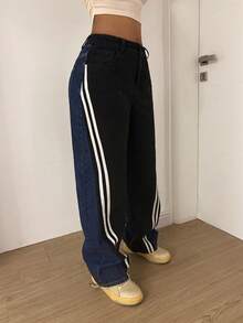 StreetHx 女士时尚休闲运动阔腿直筒牛仔裤 - 黑色 - 查看 4