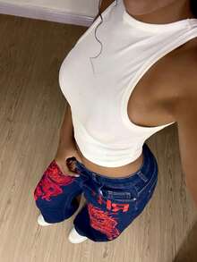 StreetHx 女士时尚休闲刺绣阔腿喇叭牛仔裤 - 深色水洗藍 - 查看 6