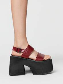 ROMWE Grunge Punk Ladies Strap Platform Wedge Heel Sandals Burgundy Diablo Punk Sandals Back Strap Shoes Japanese Campus Y2K 2000s Style - Burgundy - View 4