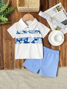 Baby Boy Young Boys Summer Countryside Style Leaf Print Polo Shirt & Casual Shorts 2pcs Set - Multicolor - View 1