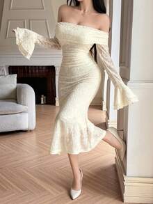 DAZY Women's Off Shoulder Elegant Waist Cinching Party Midi Dress - Apricot - View 3