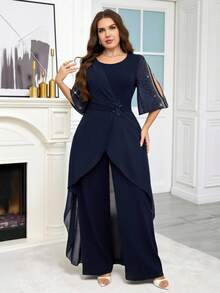 SHEIN Clasi Women's Plus Size Elegant Navy Blue Rhinestone Jumpsuit,Summer Wedding Guest Overlapping V-Neck Wide Leg Sequin Patchwork Formal Cocktail Outfits - Navy Blue - View 7