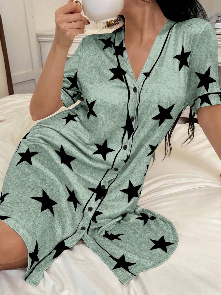 SHEIN 美国休闲星形印花V领短袖女士睡裙 - 彩色 - 查看 1