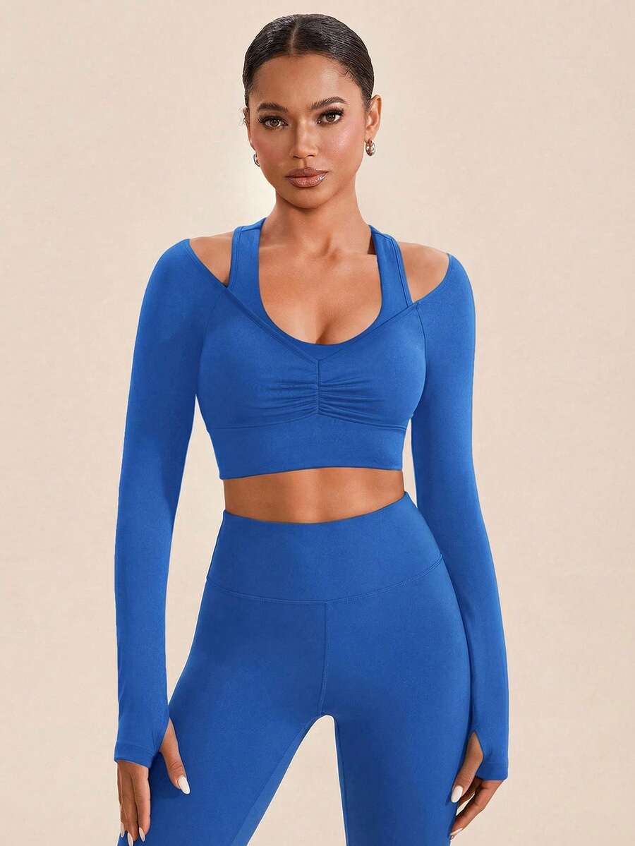 VARSIVA Solid Color Open Shoulder Fitted Cropped Sports T-Shirt - Royal Blue - View 1