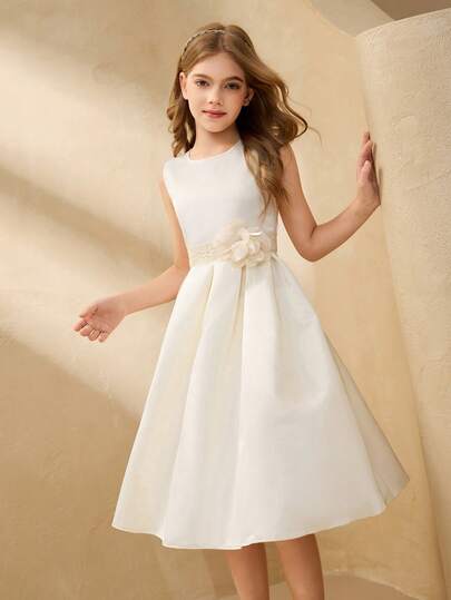 Girls' Satin Dress, Apricot Color, High-End Children's Clothing, Birthday Party Dress, Girls' Pleated Skirt