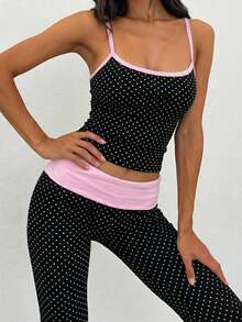 SHEIN EZwear 夏季粉色撞色黑白波点印花吊带背心和裤子套装 - 彩色 - 查看 6