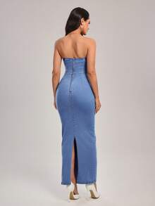 SHEIN Tall Women's 3D Floral Decor Fitted Elegant Denim Dress, Tall Women - Blue - View 2