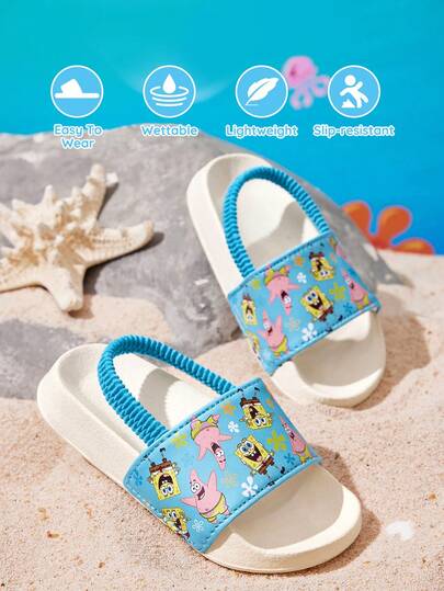SpongeBob SquarePants | SHEIN Zapatillas de estar por casa con banda elástica y diseño de dibujos animados azules para niños y bebés, antideslizantes, de secado rápido, livianas y duraderas de material EVA, para usar en la casa, el parque infantil, interiores y exteriores