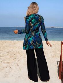 Swim Mulvari 女士中东风情两件套布基尼泳衣套装，新款热销印花长袖连衣裙和直筒裤，优雅休闲沙滩度假泳装套装 - 彩色 - 查看 2