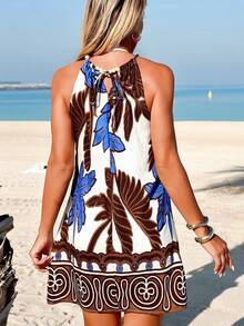 Swim Vcay Women's Spring/Summer Tropical Plant Print Sleeveless Spaghetti Strap Beaded Tie Shoulder Backless Vacation Slip Dress & Cover Up - Blue - View 2