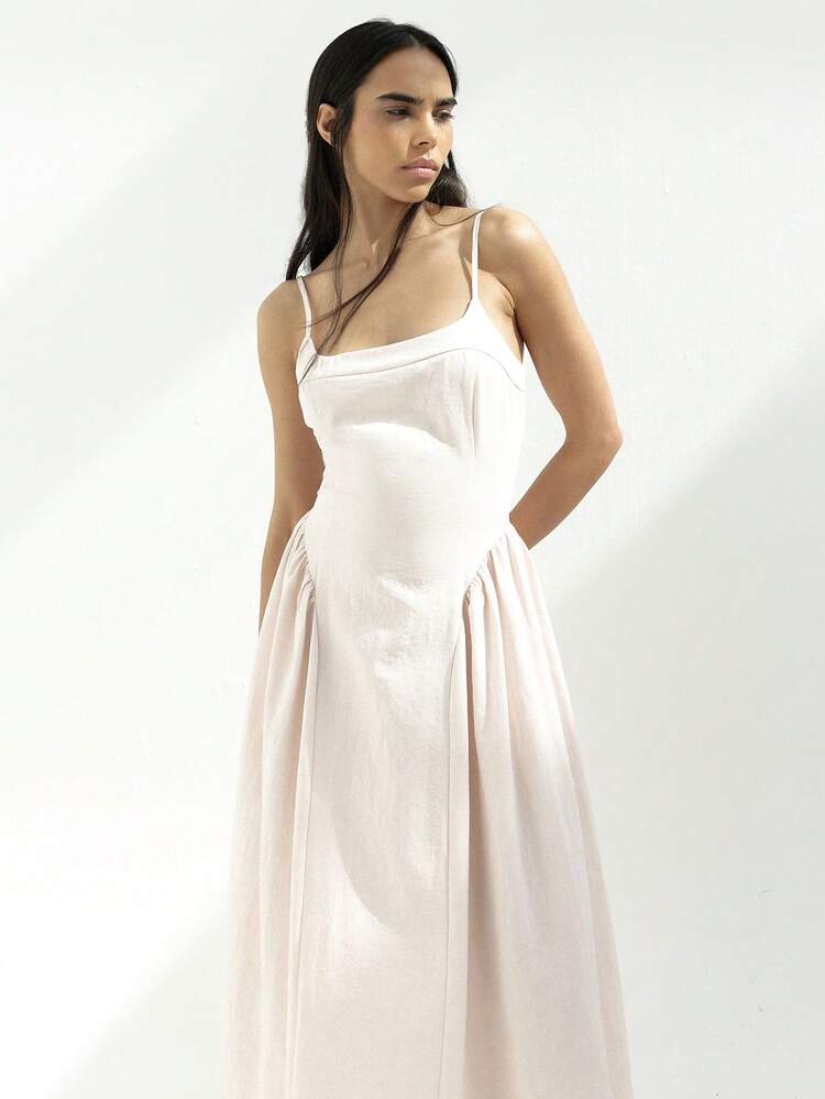 KSTM Women's Square Neck Panelled Midi Dress With Adjustable Straps A-Line Sleeveless Summer Wedding Guest Feminine Elegant Casual