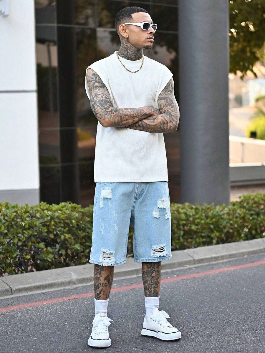 Devon Thys Quần short denim Bermuda màu xanh nhạt, kiểu dáng thời trang dành cho nam, hoàn hảo cho mùa hè thư giãn, quần short denim ống rộng rộng rãi cho bạn trai và chồng khi đi chơi - Rửa nhẹ - Xem 1
