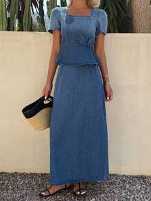 DAZY 女士休闲水洗3D立体花朵领花瓣袖上衣和牛仔裙两件套，春夏款 - 中等水洗藍 - 查看 6