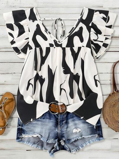 Linhara Büyük Beden Kadın Moda Baskılı Gömlek, Çift Fırfırlı Kollu, Bağcıklı Yaka, Günlük Büyük Beden Bluz