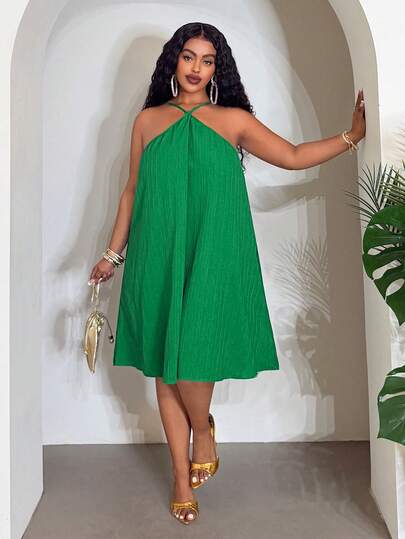 Slaydiva 2026 Spring/Summer New Music Festival, Easter, St. Patrick's Day, Western, Nomadic, Birthday Party, Graduation, Campus, Student, Daily Casual, All-Match Matching, Leisure, Cruise Travel, Beach, Sunbathing, Viral Hit, Streetwear, Wedding Guest Bohemian, Commuting, Brunch, Minimalist All-Match, Y2K Streetwear Sweet, Hot Selling, Daily Date, Airport Strap Neck A-Line Dress With Pockets Plus Size - Green