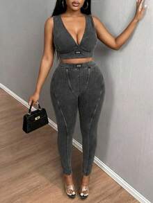 SHEIN SXY Plus Size Grey 2 Pieces Set,Summer Casual Baggy High-Elasticity Ribbed Fabric Gym Outfits,Sleeveless V-Neck Cropped Camisole & High-Waisted Leggings - Black - View 9