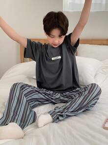Dazy Kids Tween Boy Round Neck Graphic Tee And Striped Pants Casual Loungewear Set - Dark Grey - View 8