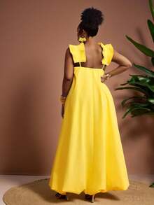Truni 大码女式黄色灯笼连衣裙/优雅吊带连衣裙/吊带裙/长裙，适合音乐节、复活节、西式风格、生日、毕业典礼、学生日常穿着，百搭实用，休闲度假、邮轮旅行、海滩、日光浴、放松休闲。 - 黃色 - 查看 8