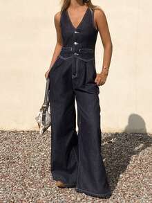 DAZY Mono de pierna recta y holgada con cuello en V y sin mangas, estilo casual de ciudad para mujer - Azul lavado oscuro - Ver 7