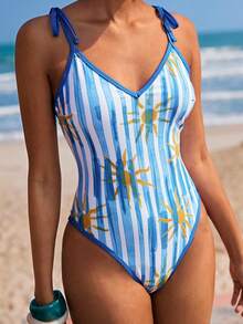 Travachic Women's Striped Sunflower Print One-Piece Swimsuit, Suitable For Beach Vacation, Pool Party, Beach Party - Multicolor - View 5