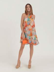 Vestido mini elegante de mujer con estampado floral y cuello halter, para verano - Multicolor - Ver 6