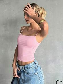 SHEIN EZwear Solid Color Fitted Backless Cropped Camisole Top, Summer,Pink Top - Pink - View 5