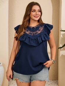EMERY ROSE 大码女式蕾丝拼接荷叶边下摆衬衫，夏季穿搭，女士夏季服装，女士海滩度假服装，女士外出上衣，女士假日服装，蕾丝边饰上衣，女士优雅休闲上衣，夏季穿搭，女士春季服装，蓝色上衣，女士度假服装，女士休闲上衣 - 藍色 - 查看 8