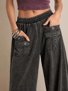 Easelle Casual Vintage Pocket Distressed Loose Women's Pants Wide Leg Pants Western Pants For Women Wide Leg Pants Woman Women's Pants Women's Pants Women's Trousers Women Summer Pants - Grey - View 1