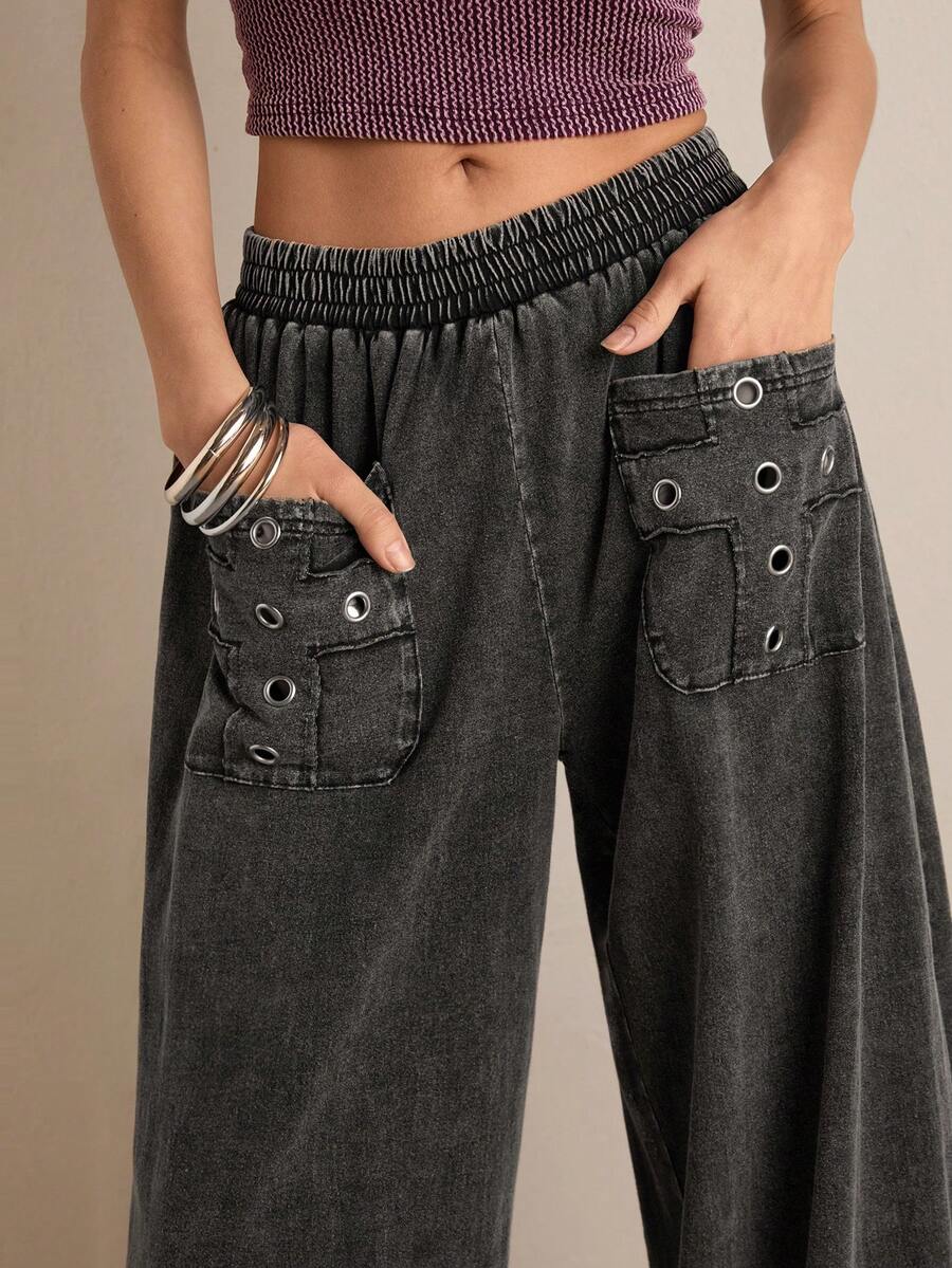 Easelle Casual Vintage Pocket Distressed Loose Women's Pants Wide Leg Pants Western Pants For Women Wide Leg Pants Woman Women's Pants Women's Pants Women's Trousers Women Summer Pants - Grey - View 1