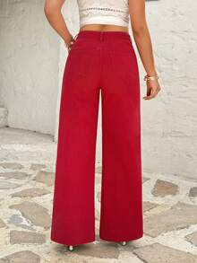 SHEIN EZwear 女士口袋宽松阔腿休闲百搭牛仔裤 - 紅色 - 查看 3
