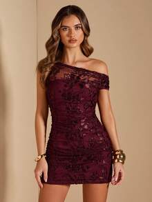 SHEIN BAE 女士红色花卉网纱提花不对称肩部修身迷你连衣裙，适合派对、度假、宴会、婚礼、夜间外出、浪漫约会、春夏穿着。 - 紅色 - 查看 7