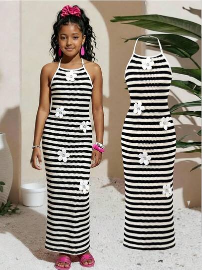 Sparklyn 这款无袖修身长裙适合年龄稍大的女孩，采用黑白条纹钩编面料，饰有3D立体花卉图案，吊带设计，适合生日派对、舞台表演、度假写真拍摄等场合，春、夏、秋季均可穿着。