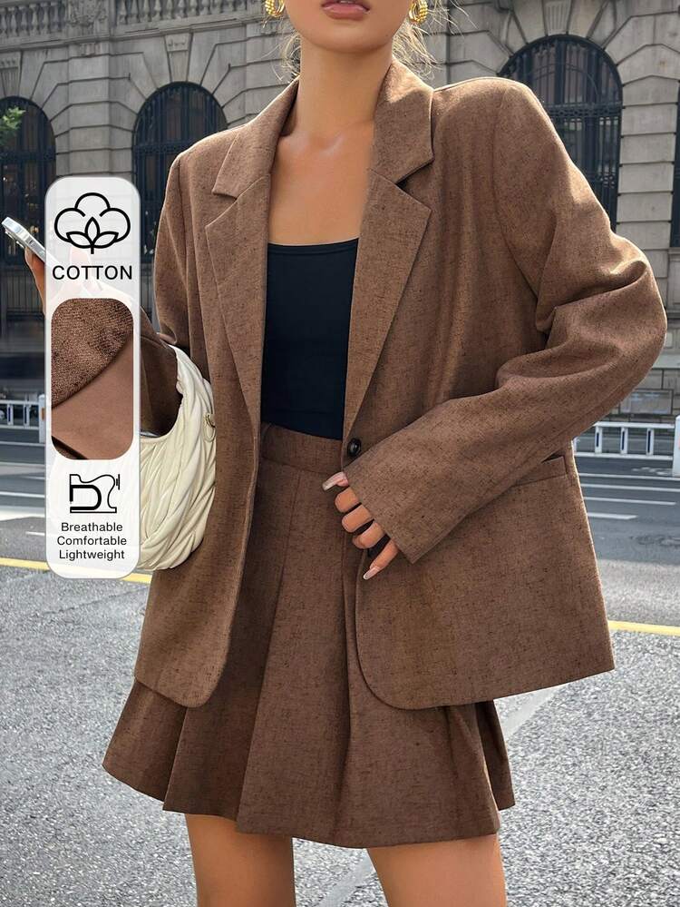 Women's Autumn Lapel NeckLong Sleeve Blazer And Pleated Midi Skirt Casual 2 Pieces Set