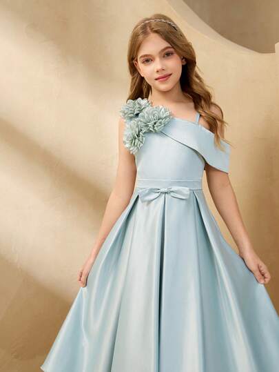 女童薄荷绿缎面连衣裙，高端派对礼服，饰有花卉图案，儿童正装