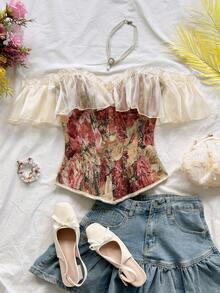 Soleia Atasan Bandeau Off-Shoulder Transparan Bergaya Vintage dengan Motif Lukisan Minyak, Atasan Musim Panas - MultiWarna - View 4