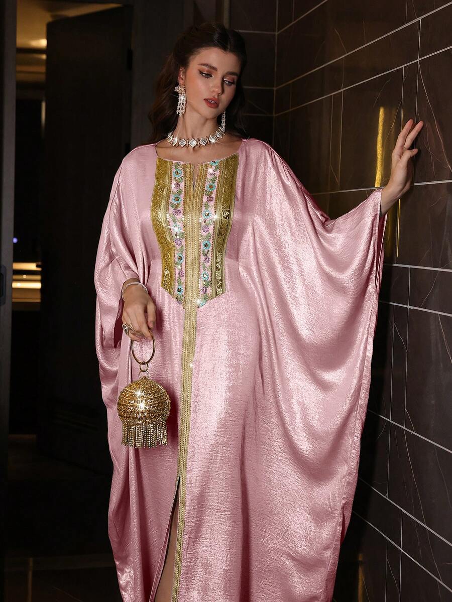 Layrah 春夏圆领优雅拼接缎带绿色修身蝙蝠袖连衣裙 - 粉色 - 查看 1