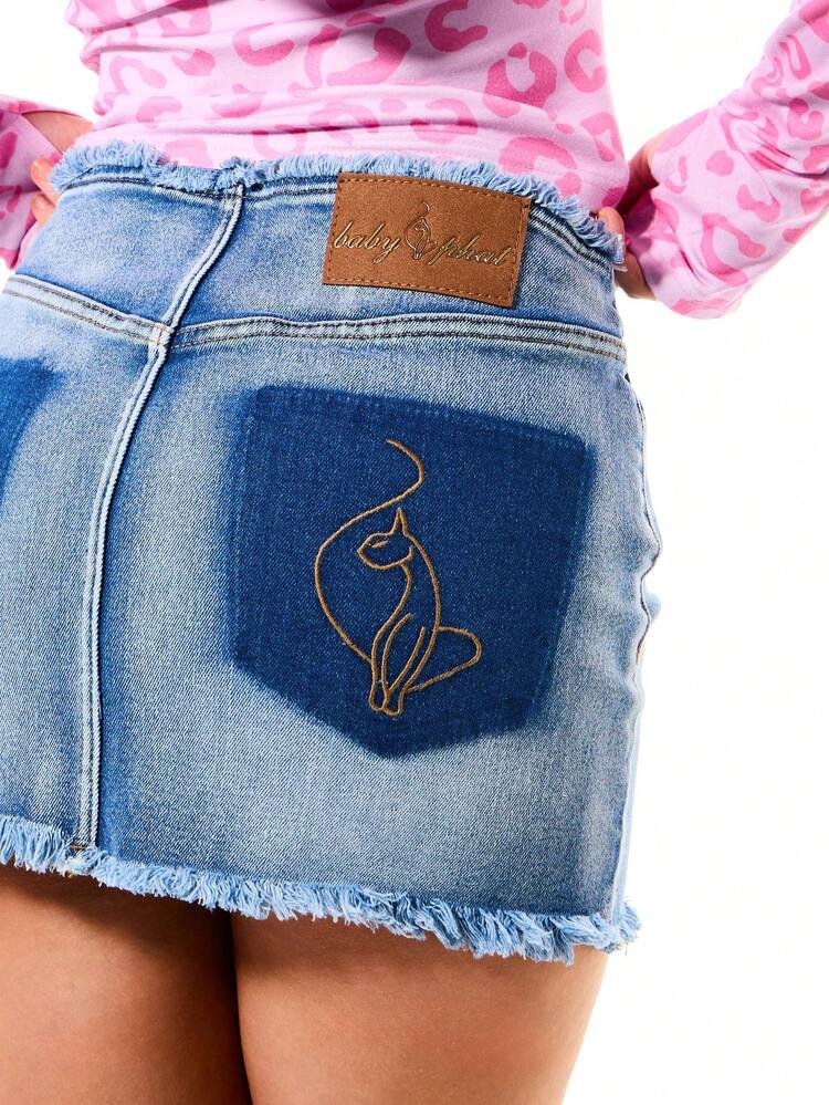 BABYPHAT Denim Mini Skirt With Two Tone Wash Frayed Hem Logo Embroidered Detail High Waisted A-Line Cut Casual Day Summer Wear