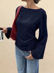 Selianne 女式纯色船领长喇叭袖腰休闲百搭衬衫 - 藏蓝色 - 查看 4