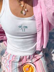 Sundraya Women's Casual Coconut Tree Embroidery Pattern Versatile Daily Wear Top - Multicolor - View 4