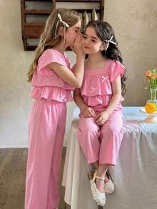 LMoss Kids Young Girl Elegant Ruffled Collar Cap Sleeve Top And Straight Leg Pants Set, Pink, Spring/Summer - Pink - View 6